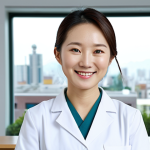A confident East Asian female Hanbang doctor wearing a modest, professional modern business suit with subtle traditional Korean design elements, fully clothed, appropriate attire. She is standing in a clean, brightly lit, modern integrative medicine clinic. A large window reveals a blurred cityscape in the background. Diverse, fully clothed patients are seen politely waiting in the reception area. She is smiling gently, looking directly at the viewer, with her hands clasped professionally. High-resolution professional studio photography, soft natural lighting, elegant composition, perfect anatomy, correct proportions, natural pose, well-formed hands, proper finger count, natural body proportions, safe for work, appropriate content, fully clothed, professional, modest.