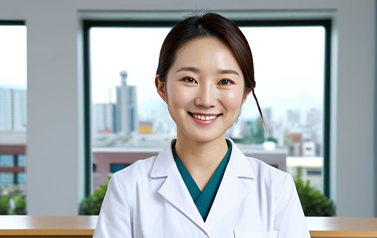 A confident East Asian female Hanbang doctor wearing a modest, professional modern business suit with subtle traditional Korean design elements, fully clothed, appropriate attire. She is standing in a clean, brightly lit, modern integrative medicine clinic. A large window reveals a blurred cityscape in the background. Diverse, fully clothed patients are seen politely waiting in the reception area. She is smiling gently, looking directly at the viewer, with her hands clasped professionally. High-resolution professional studio photography, soft natural lighting, elegant composition, perfect anatomy, correct proportions, natural pose, well-formed hands, proper finger count, natural body proportions, safe for work, appropriate content, fully clothed, professional, modest.