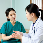 A professional female Korean medicine doctor (Hanui) with a compassionate and understanding expression, wearing a modest, light-colored medical uniform, fully clothed, appropriate attire. She is seated opposite a patient in a bright, clean consultation room within a modern Korean medicine clinic. The doctor is attentively listening to the patient, who is also fully clothed in modest everyday wear, creating an atmosphere of trust and empathy. The background includes subtle traditional Korean wooden elements and calming, diffused natural light. Perfect anatomy, correct proportions, natural pose, well-formed hands, proper finger count, natural body proportions. Professional photography, high quality, safe for work, appropriate content, family-friendly.