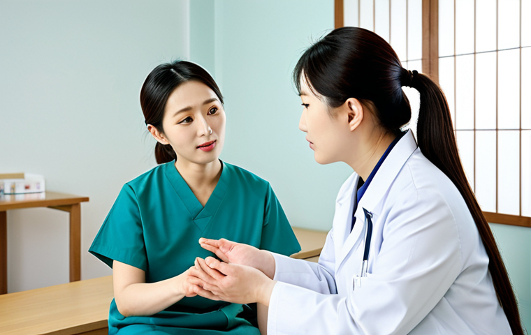 A professional female Korean medicine doctor (Hanui) with a compassionate and understanding expression, wearing a modest, light-colored medical uniform, fully clothed, appropriate attire. She is seated opposite a patient in a bright, clean consultation room within a modern Korean medicine clinic. The doctor is attentively listening to the patient, who is also fully clothed in modest everyday wear, creating an atmosphere of trust and empathy. The background includes subtle traditional Korean wooden elements and calming, diffused natural light. Perfect anatomy, correct proportions, natural pose, well-formed hands, proper finger count, natural body proportions. Professional photography, high quality, safe for work, appropriate content, family-friendly.