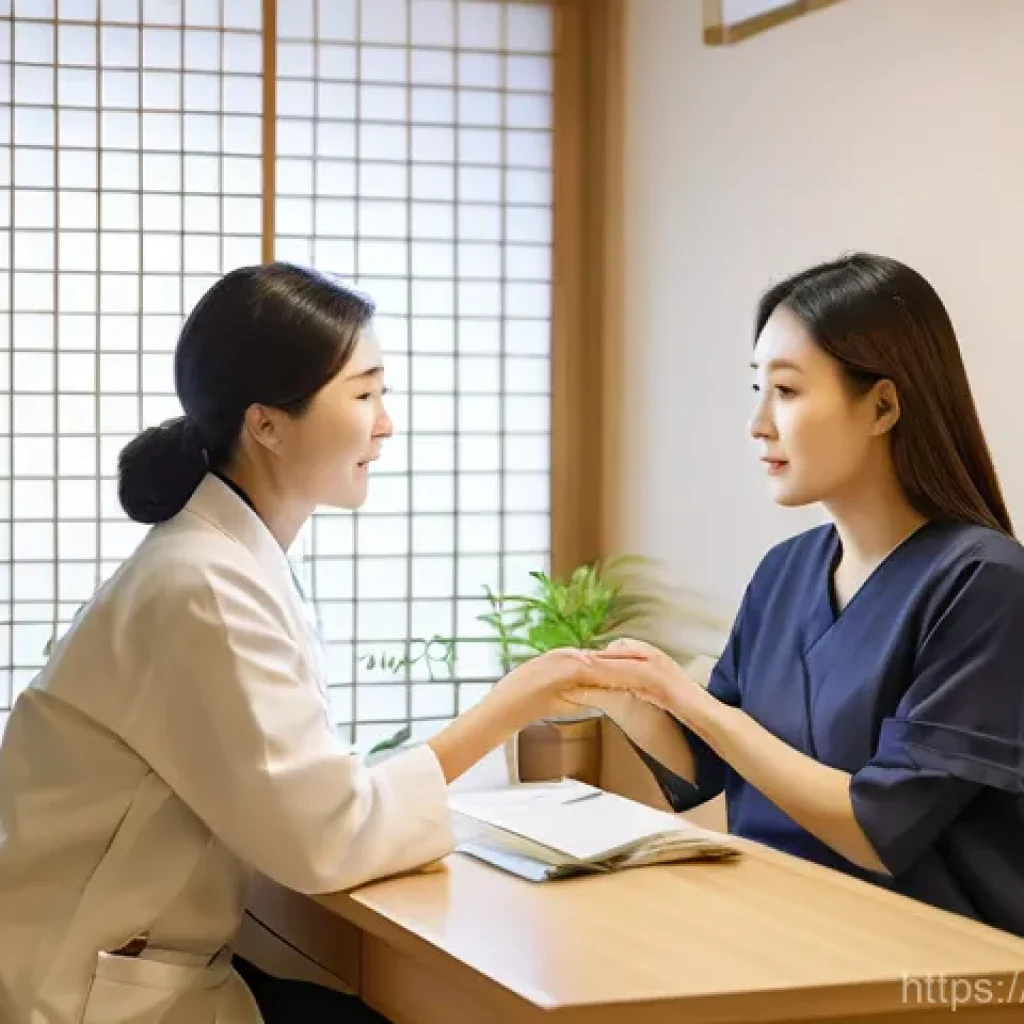 한의사와 스트레스 관리 - A warm and inviting modern Hanbang clinic consultation room with a soothing, natural aesthetic. A co...