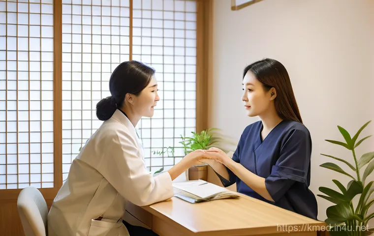 한의사와 스트레스 관리 - A warm and inviting modern Hanbang clinic consultation room with a soothing, natural aesthetic. A co...