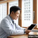 한의사와 근무시간 관리 - A busy traditional Korean medicine clinic interior with a focused Korean male Han doctor in a white ...