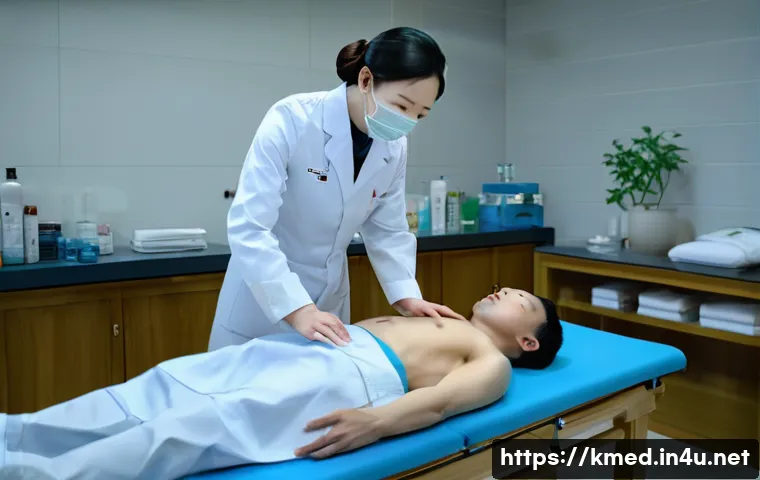 한의사와 응급상황 대처법 - A detailed medical scene inside a traditional Korean clinic where a calm and focused male acupunctur...