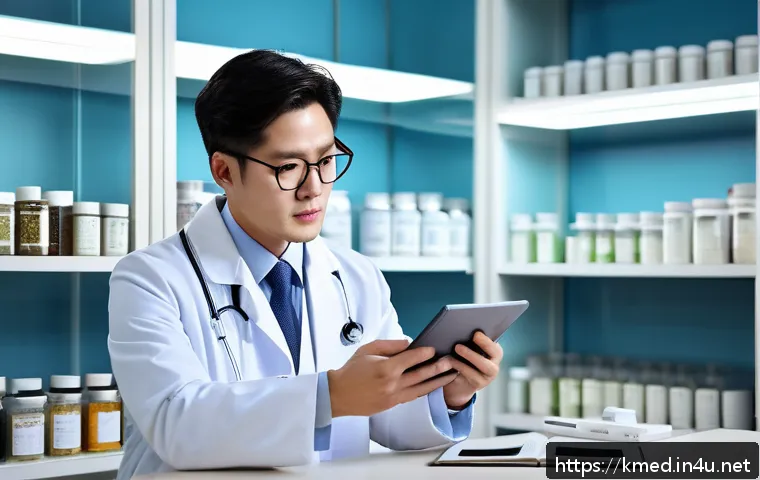 한의사로서 성장하는 법 - A professional traditional Korean medicine doctor in a modern clinic setting, attentively reading th...
