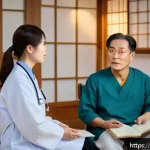 Home 19 한의학 진단 기법 - A traditional Korean medicine doctor attentively conducting a detailed patient interview in a cozy c...