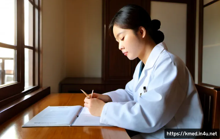 한의사 국가고시 시험 후기 - Photorealistic young East Asian medical graduate sitting at a clean wooden desk after a demanding pr...